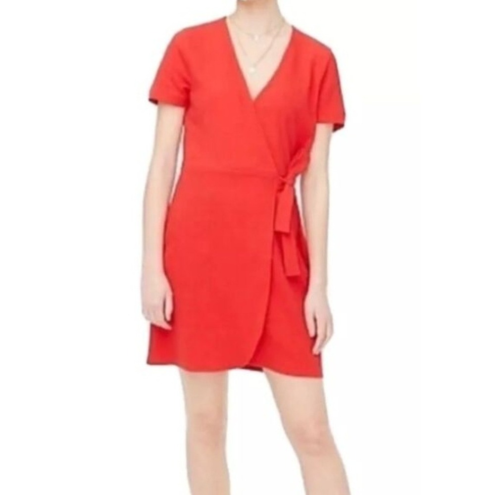 J.Crew Coral Red Textured Faux‎ Wrap Tie Waist V-Neck Mini Dress Sz L Beachy